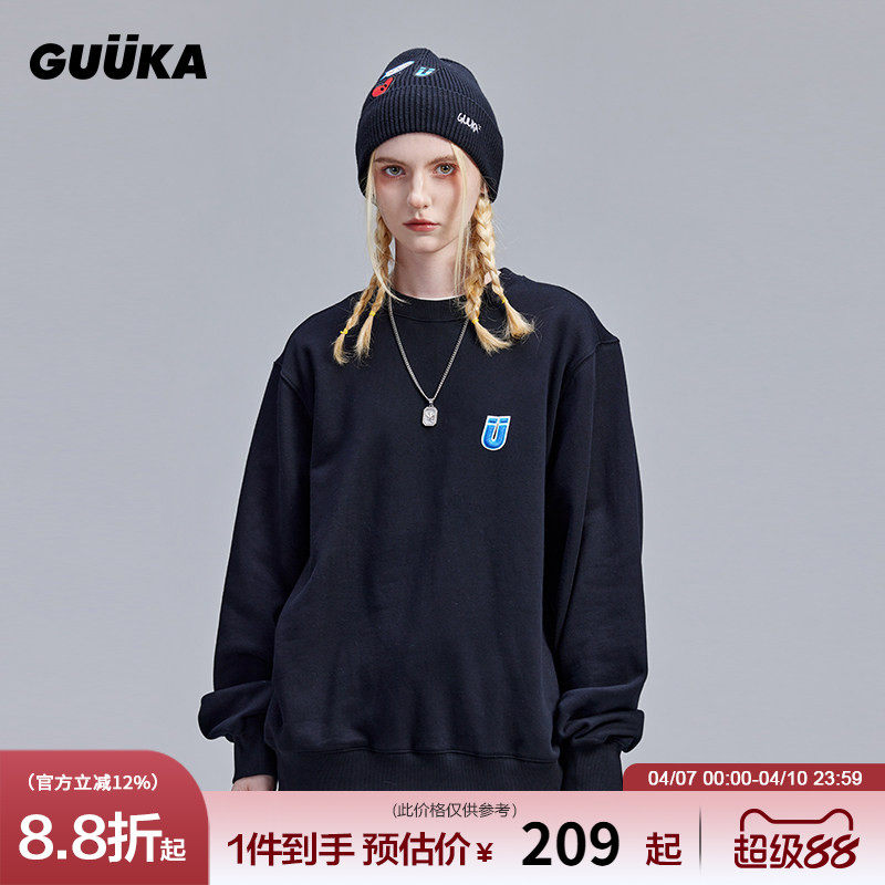 GUUKA黑色圆领卫衣女春秋新款潮牌 情侣美式极简刺绣上衣oversize