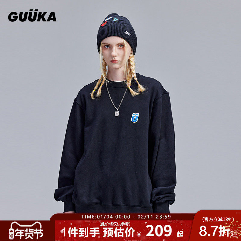 GUUKA黑色圆领卫衣女春秋新款潮牌 情侣美式极简刺绣上衣oversize