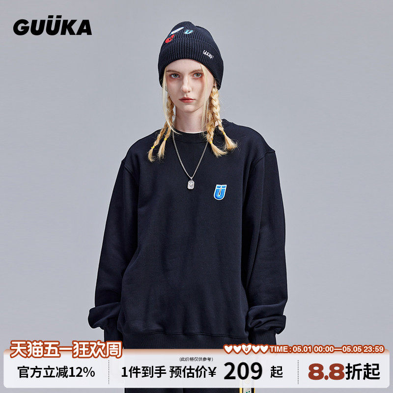 GUUKA黑色圆领卫衣女春秋新款潮牌 情侣美式极简刺绣上衣oversize