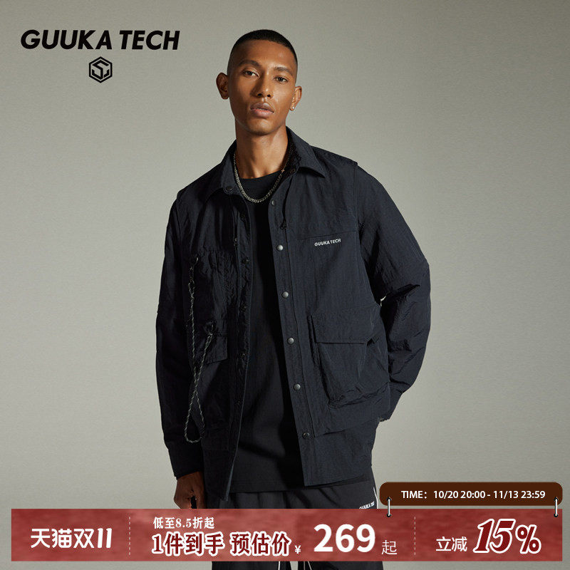 GUUKA TECH机能风黑色工装长袖衬衫男可拆卸短袖衬衣反光刺绣外套
