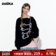 GUUKA&matsui联名小狗绒感印花黑色卫衣女款 重磅纯棉加绒落肩上衣