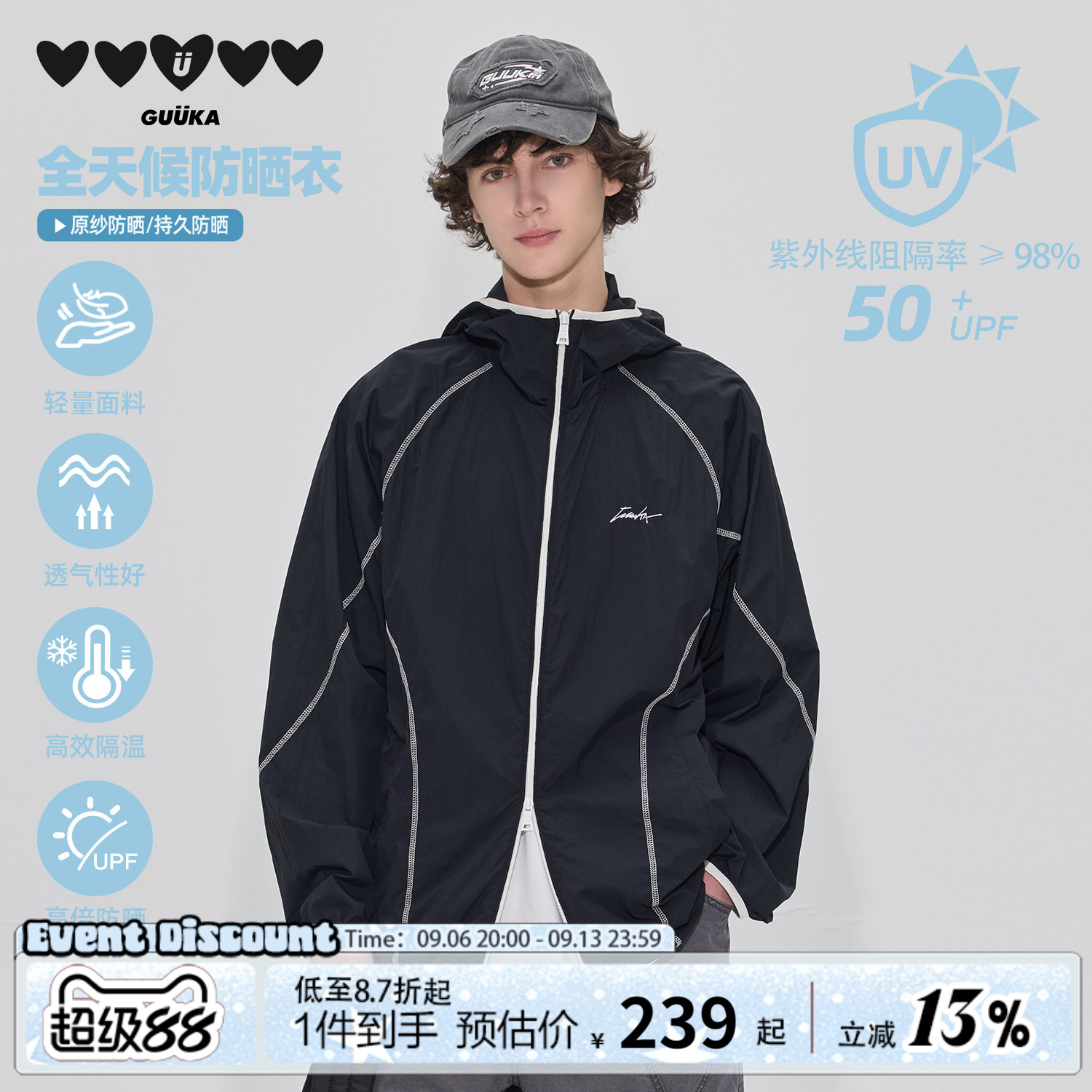 GUUKA黑色冰凉感连帽防晒衣图片