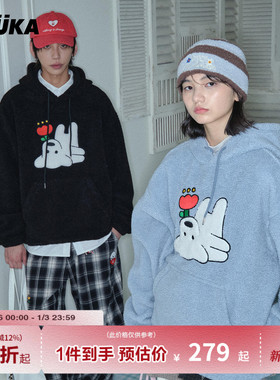 GUUKA&matsui联名小狗黑色连帽加绒卫衣男冬情侣泰迪绒加厚帽衫女