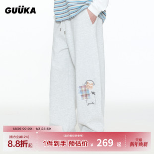 加绒堆堆裤 GUUKA弯刀卫裤 猫咪刺绣阔腿裤 子重磅纯棉 运动宽松 男裤