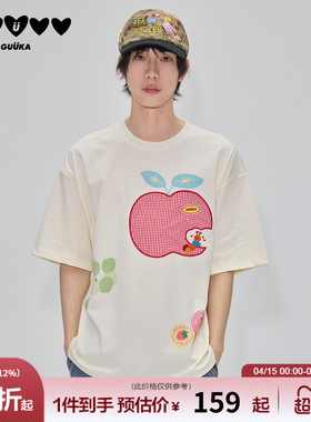 GUUKA潮牌白色苹果刺绣短袖T恤男款重磅纯棉情侣半袖落肩圆领上衣