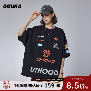 重磅T恤潮青少年赛车风落肩半袖 新款 上衣宽松 男夏季 GUUKA黑色短袖