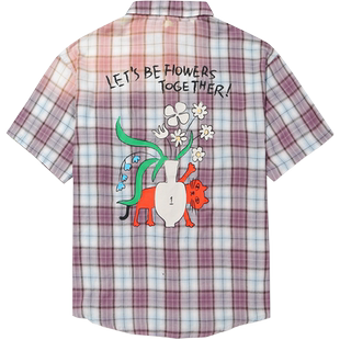 GUUKA短袖红格子衬衫女夏新款 搞怪猫咪情侣装日系古巴领衬衣宽松