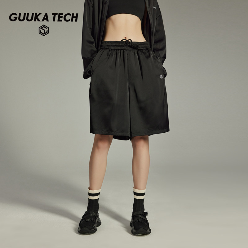 GUUKA TECH潮牌黑色防晒短裤女款夏季UPF50+凉感垂感五分裤子宽松,女装/女士精品,短裤,淘宝优惠券,粉丝福利购,淘宝优惠卷