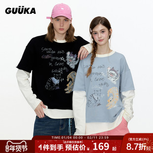 双高胎同款GUUKA潮牌黑色猫咪长袖T恤男重磅纯棉假两件上衣女宽松