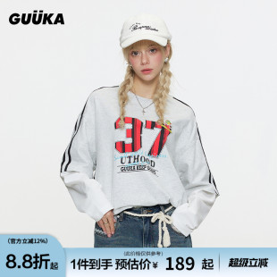 GUUKA潮牌花灰色假两件圆领长袖 复古纯棉上衣宽松 T恤女2025春美式
