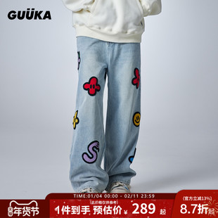 【明星同款】GUUKA&Agaho联名猫须美式微喇牛仔裤男 刺绣直筒裤女