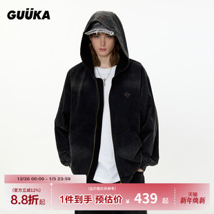 GUUKA美式 复古水洗落肩连帽外套宽松 潮牌花卉刺绣黑色夹克男秋季