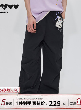 GUUKA潮牌黑色美式弯刀裤男裤中收褶伞兵裤子 可拆修猫咪挂件长裤