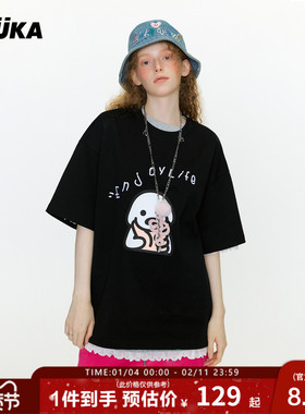 GUUKA&matsui联名黑色短袖T恤男夏 小狗印花半袖重磅纯棉落肩上衣
