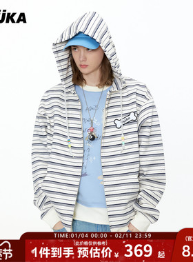 GUUKA&matsui联名小狗拉链卫衣外套男开衫加绒连帽衫条纹落肩上衣