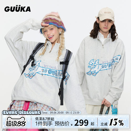 GUUKA美式猫咪巴士半拉链卫衣