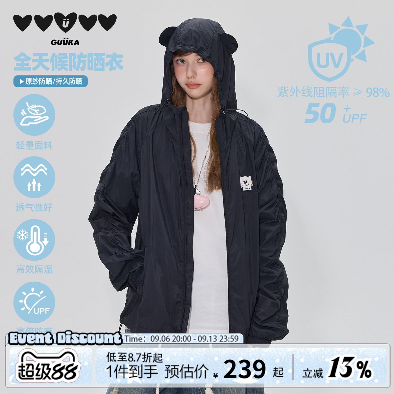 GUUKA小猫耳朵连帽防晒衣图片