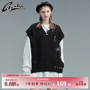 GUUKA潮牌黑色破洞毛衣女嘻哈王源同款 情侣贴布绣V领马甲外套宽松