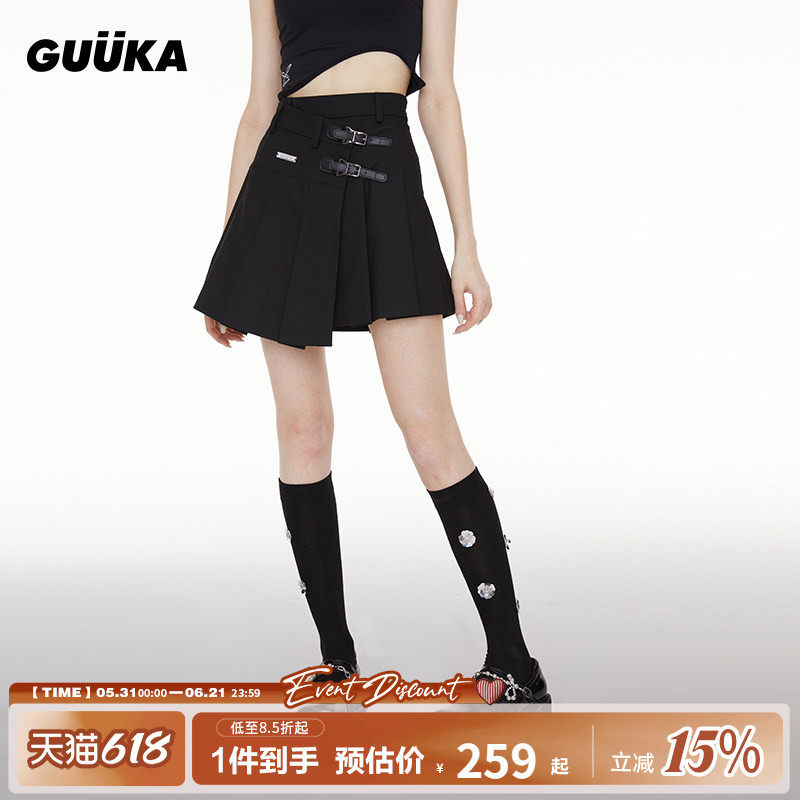 GUUKA潮牌黑色皮扣百褶裙女高腰 学生嘻哈半身裙a字显瘦jk短裙女