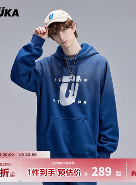 GUUKA潮牌蓝色落肩连帽卫衣男加绒加厚cityboy日系风褪色帽衫宽松
