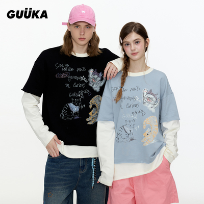 GUUKA暴躁猫咪假两件T恤