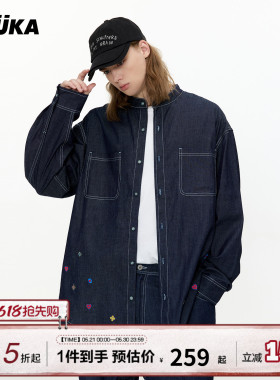 GUUKA深蓝色薄款长袖衬衫男日系复古牛仔外套秋 花卉刺绣正肩衬衣