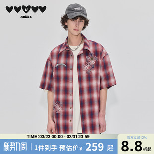 夏季 男款 情侣哥特风刺绣衬衣落肩外套 衬衫 GUUKA潮牌复古格子短袖