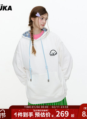 GUUKA&matsui联名小狗刺绣白色卫衣女重磅纯棉格子连帽衫落肩上衣