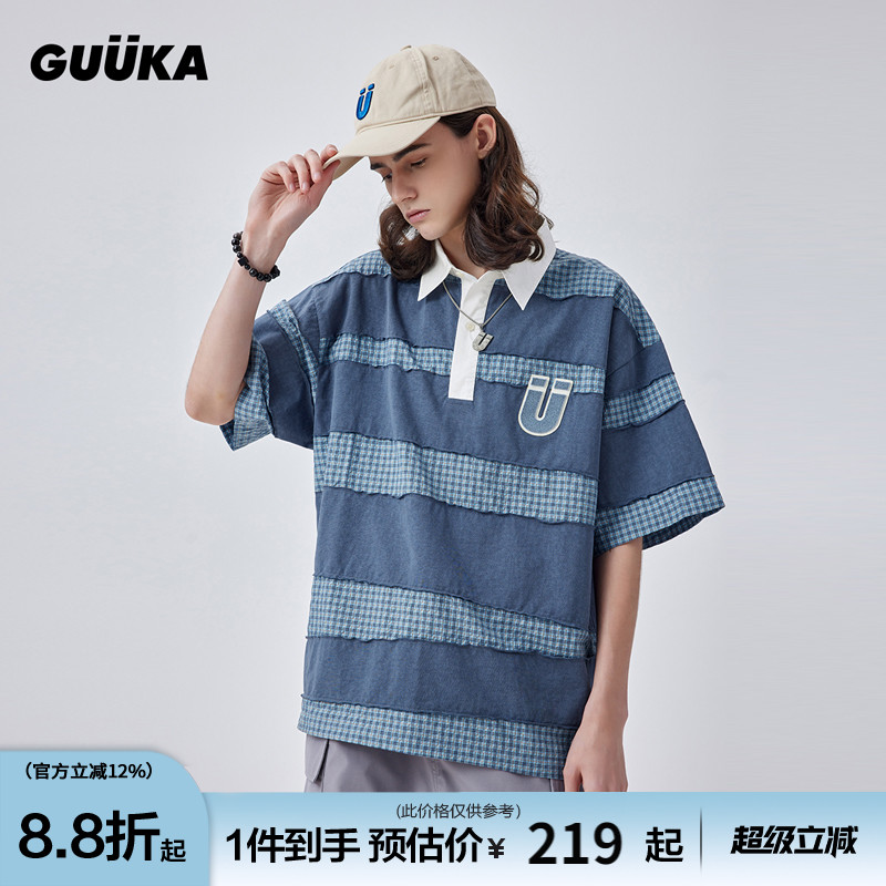 GUUKA格子拼接短袖POLO衫