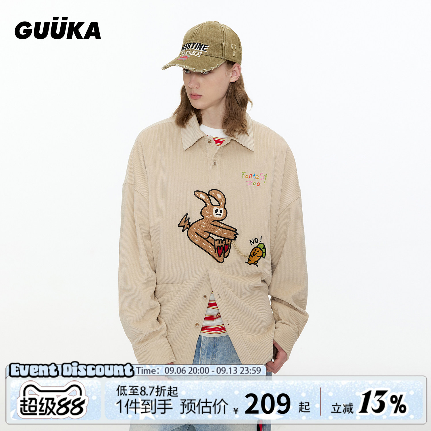 GUUKA潮牌兔子刺绣长袖衬衫男 套头POLO衫灯芯绒外套落肩衬衣宽松