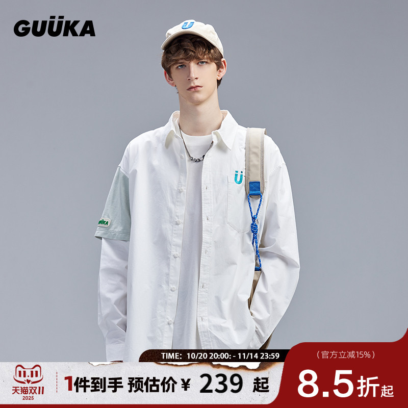 GUUKA白色假两件拼接长袖衬衫