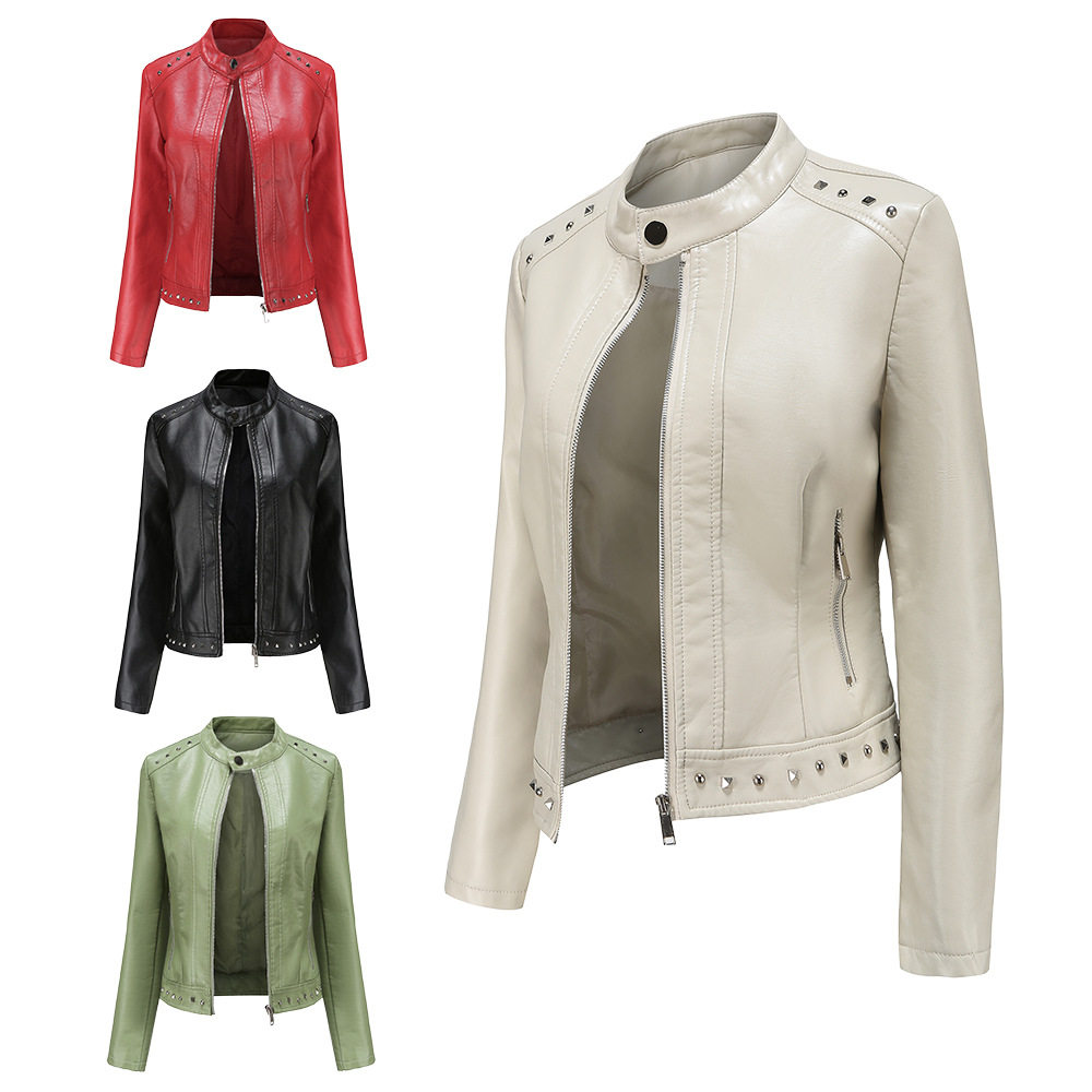 Women's studded stand up collar leather jacket铆钉立领皮衣女