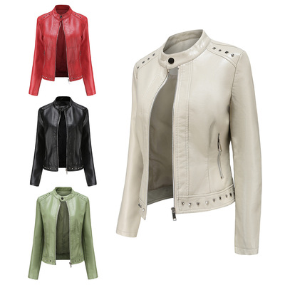 Women's studded stand up collar leather jacket铆钉立领皮衣女