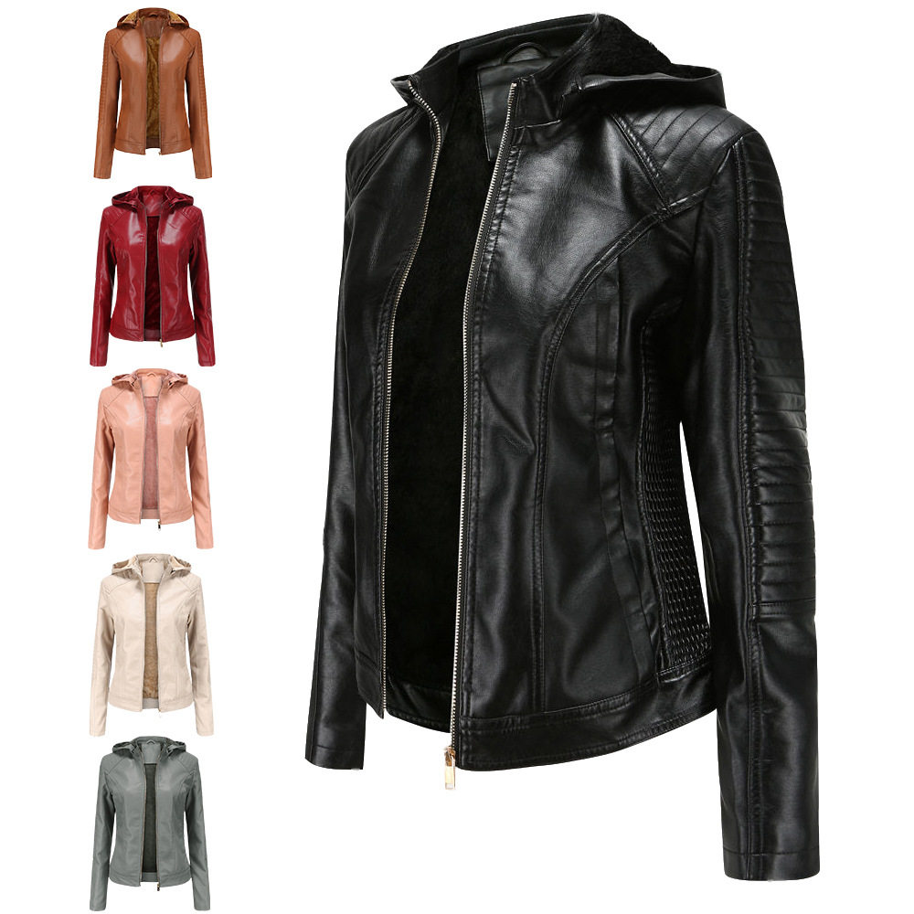 Women's plus velvet hooded leather jacket in plus size女皮衣