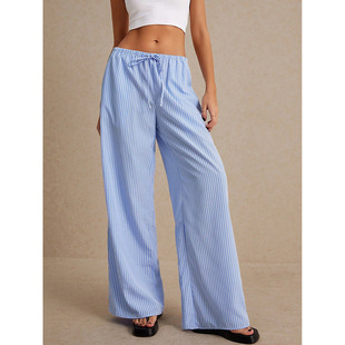 pants with drawstring Women elastic casual and waist striped