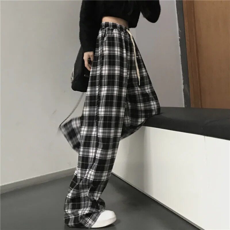 跨境美式潮流格子松紧腰休闲裤百搭时尚街头装朋克舒适直筒长裤子