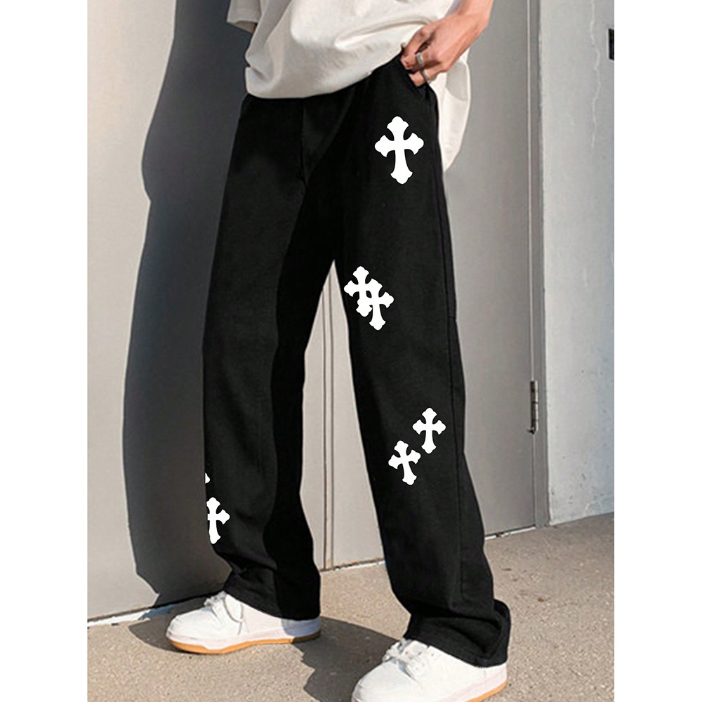 Men cross print wide leg floor length sweatpants男十字架卫裤