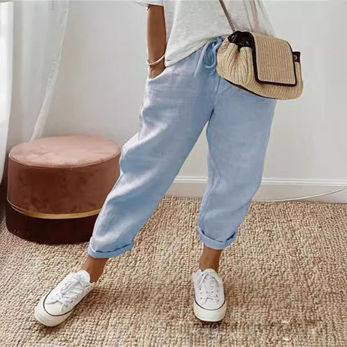 Women's cotton and linen casual pants女士棉麻口袋松紧休闲裤