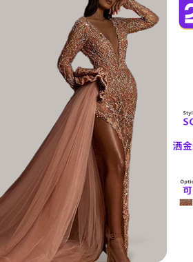 Women V-neck slit long skirt sprinkled with gold女连衣裙洒金