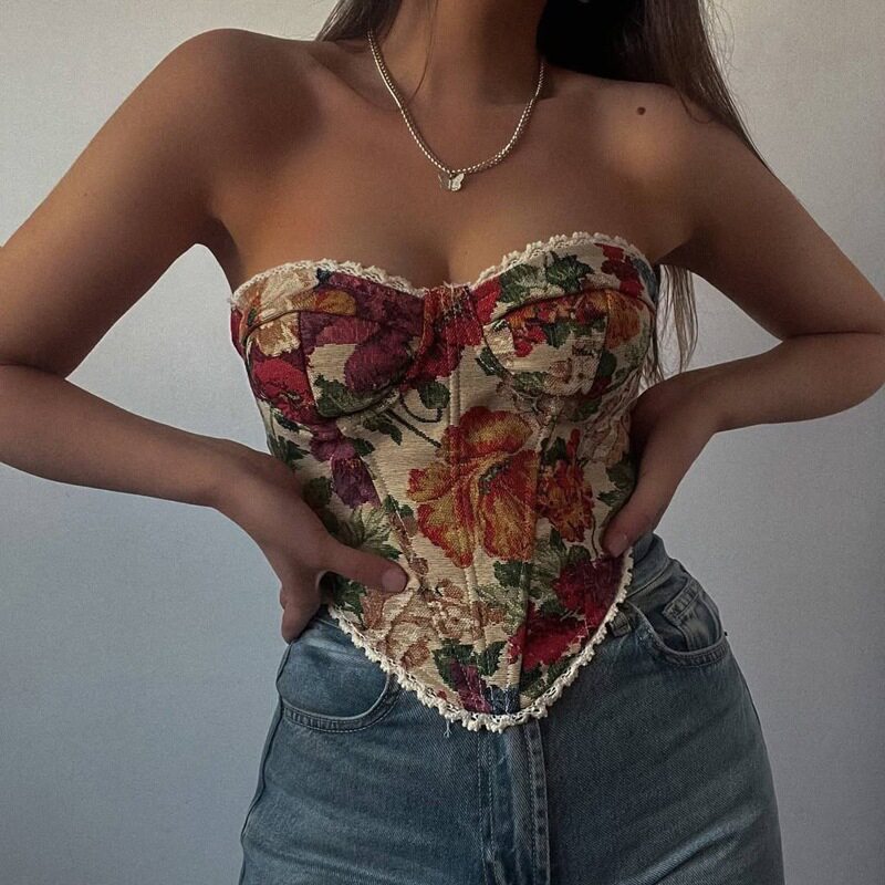 Women's retro lace fishbone wrapped chest提花裹胸花边鱼骨女