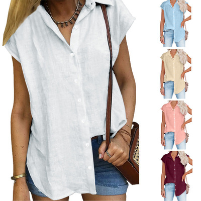 Women sleeveless shirt女夏新款纯色单排扣翻领衬衫无袖宽松上衣