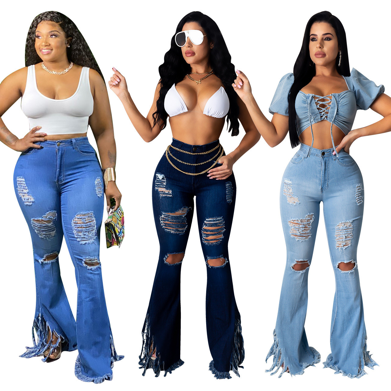 Women's ripped tassel washed denim jeans女破洞流苏水洗牛仔裤