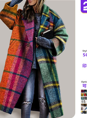 Women long sleeved lapel plaid woolen coat女印花呢子长款大衣