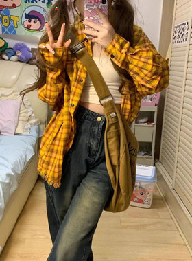 Women's yellow checkered long sleeved shirt loose jacket