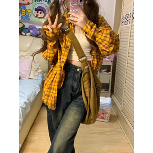 checkered long sleeved Women loose yellow shirt jacket