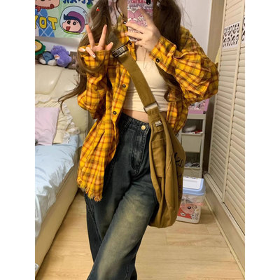 Women's yellow checkered long sleeved shirt loose jacket