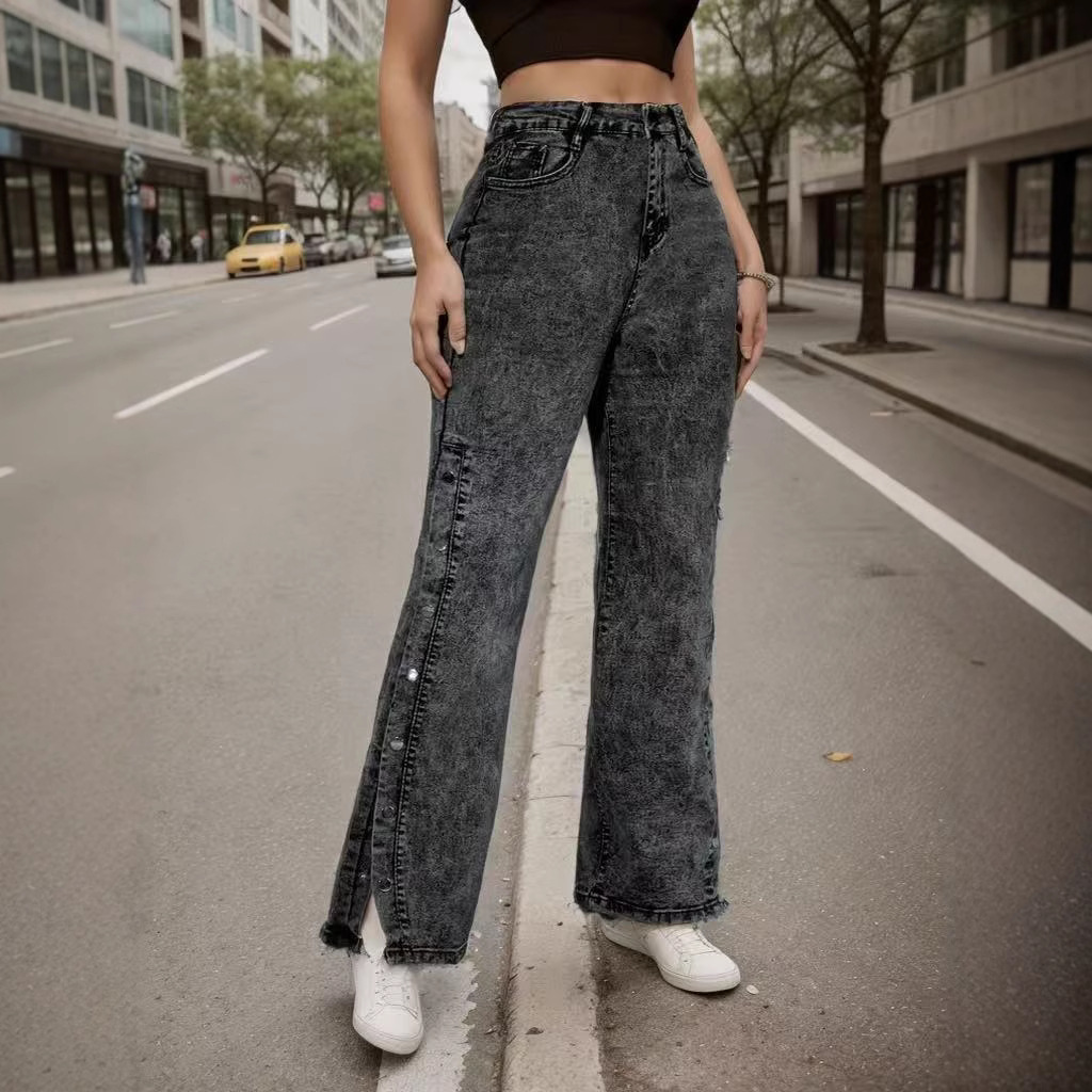 Women retro mid waist elastic slit flared jeans喇叭牛仔裤女