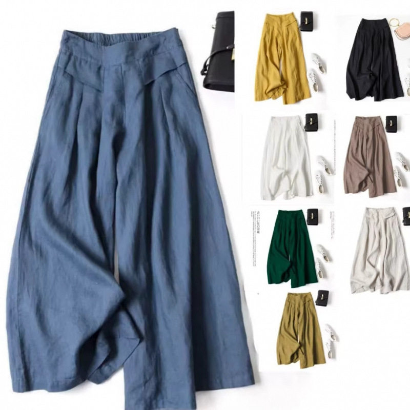 Women's wide leg pants欧美女宽松半松紧高腰薄款棉麻阔腿裙裤