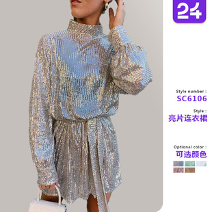 gold backless long sequined dress女露背连衣裙 sleeved Women