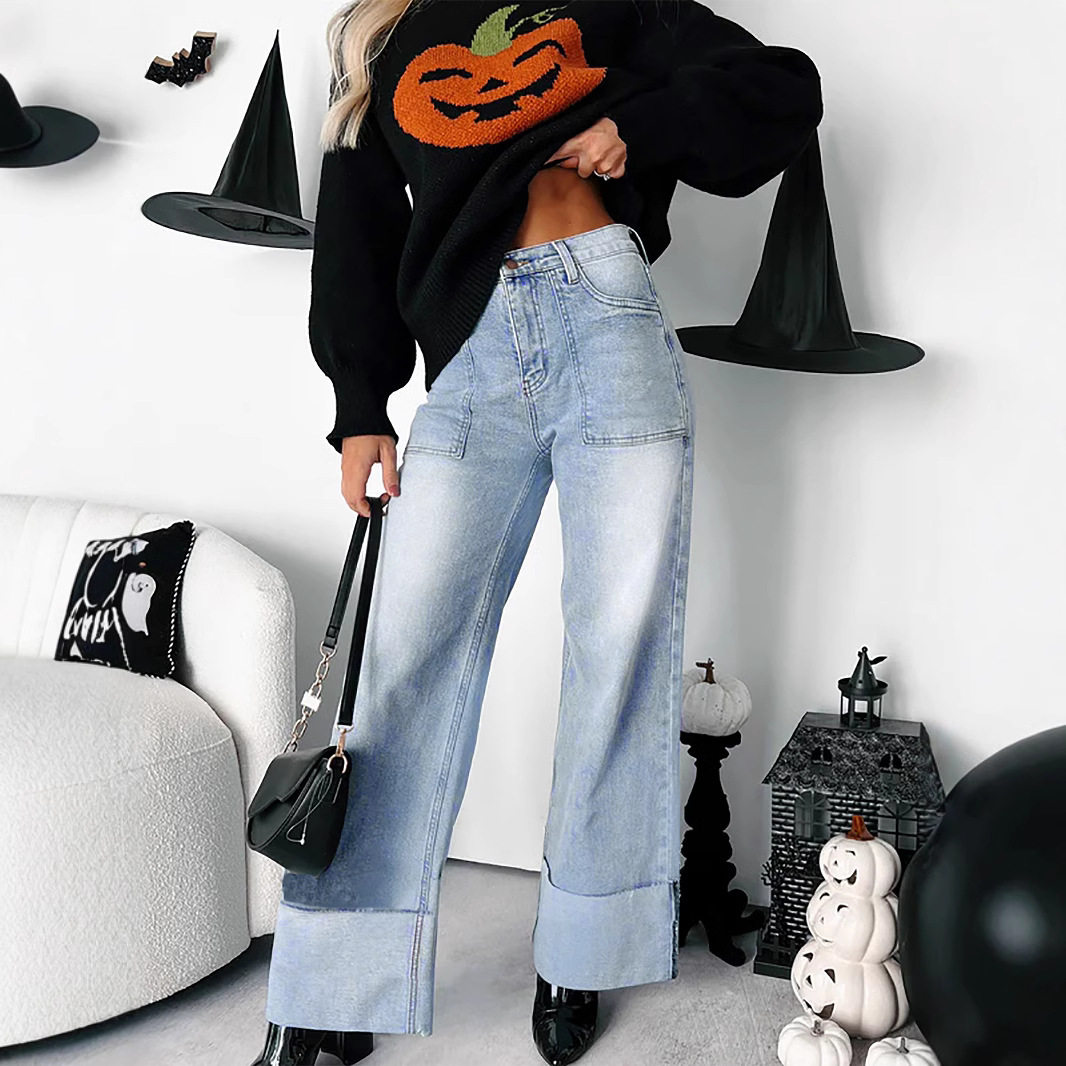 Women straight leg elastic denim pants女脚边翻折微弹牛仔长裤